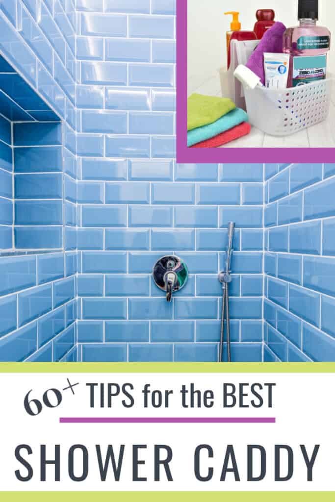 blue tile shower with insert of shower caddy image