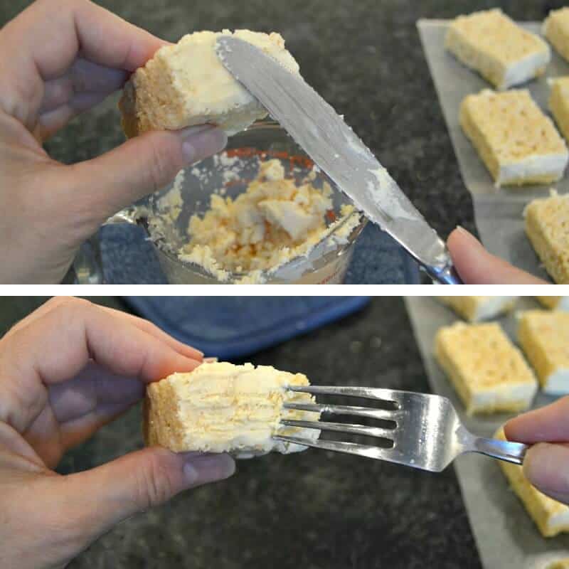 top image - hand holding rice krispie treat with knife spreading frosting, bottom image - hand holding treat and fork making lines in the frosting