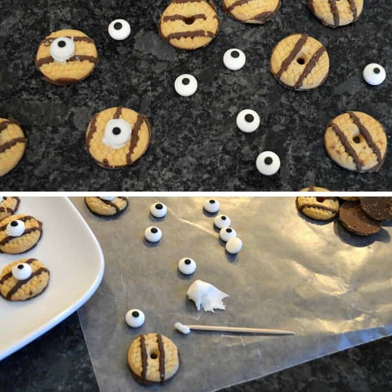 top image - cookies with eyes added to make eyeballs, bottom image - candy eyes, frosting on toothpick and small cookies
