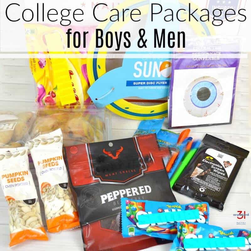 Food and toy supplies for guys' care package with text overlay