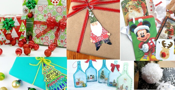 Collage of 6 Christmas gift wrap and tags