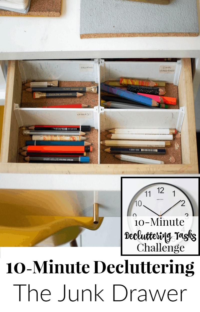 open organized junk drawer wall clock inserted image with title text reading 10-Minute Decluttering The Junk Drawer