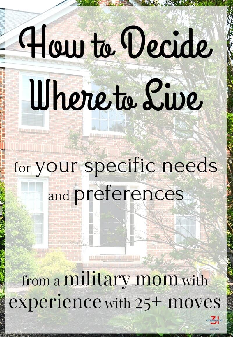brick house with black door with title text overlay reading How to Decide Where to Live for your specific needs and preferences from a military mom with experience with 25+ moves