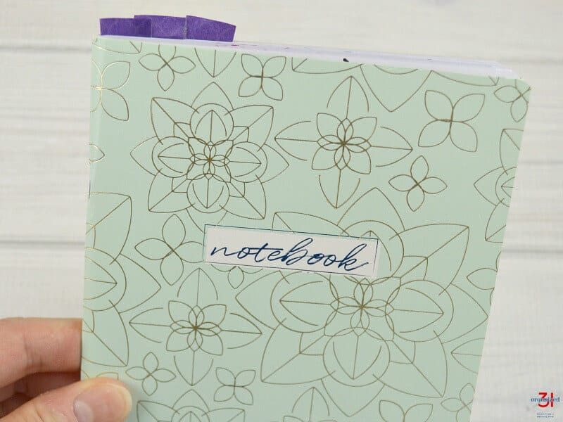 hand holding mint green notebook with purple tabs at top