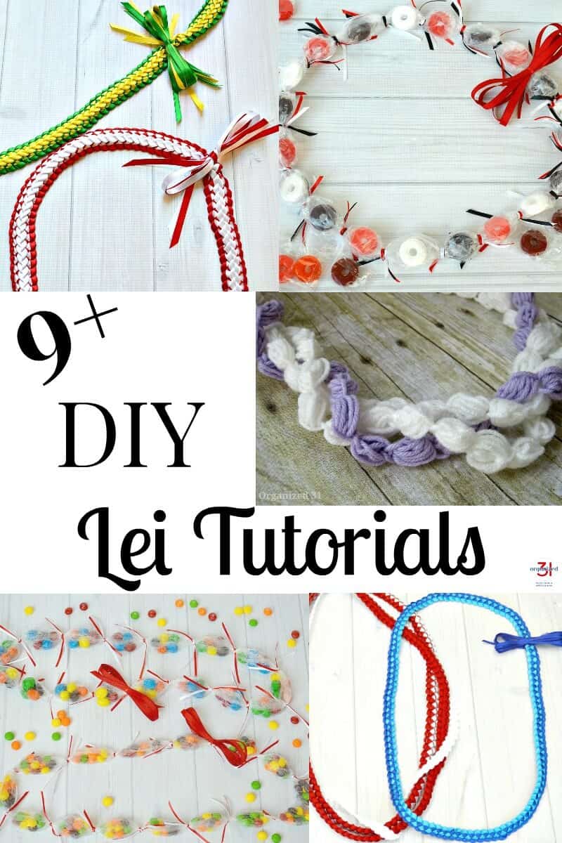 5 images of different graduation leis with title text reading 9+ DIY Lei Tutorials