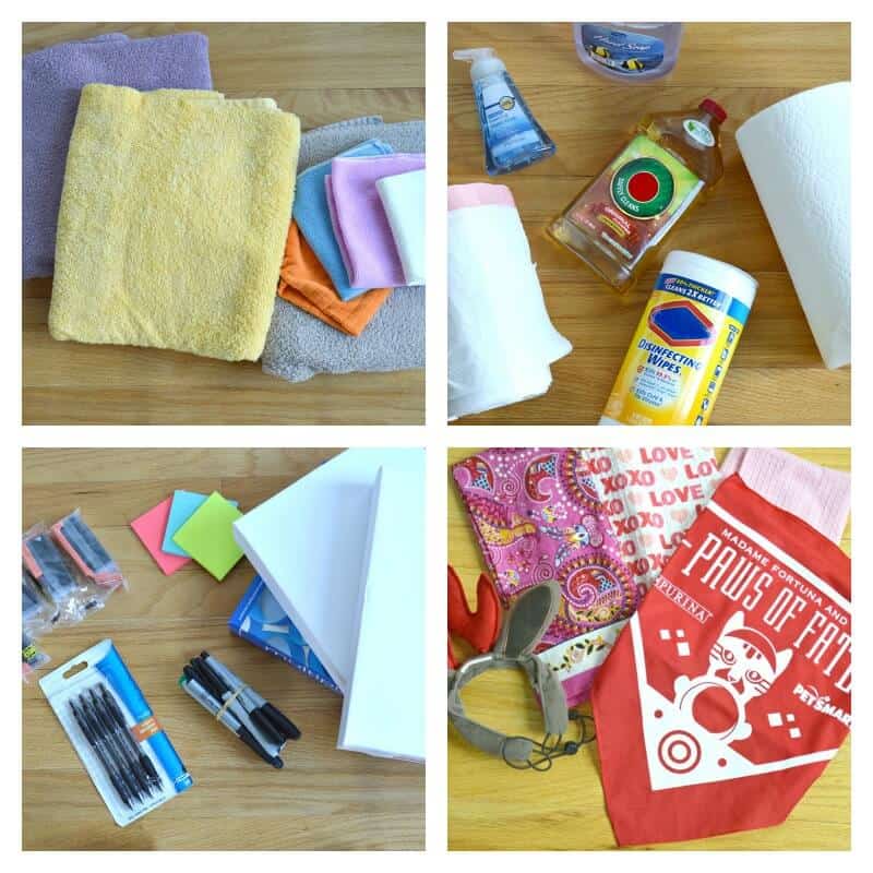 collage of 4 images of items to donate to an animal shelter, like towels, cleaning supplies, office supplies and bandannas