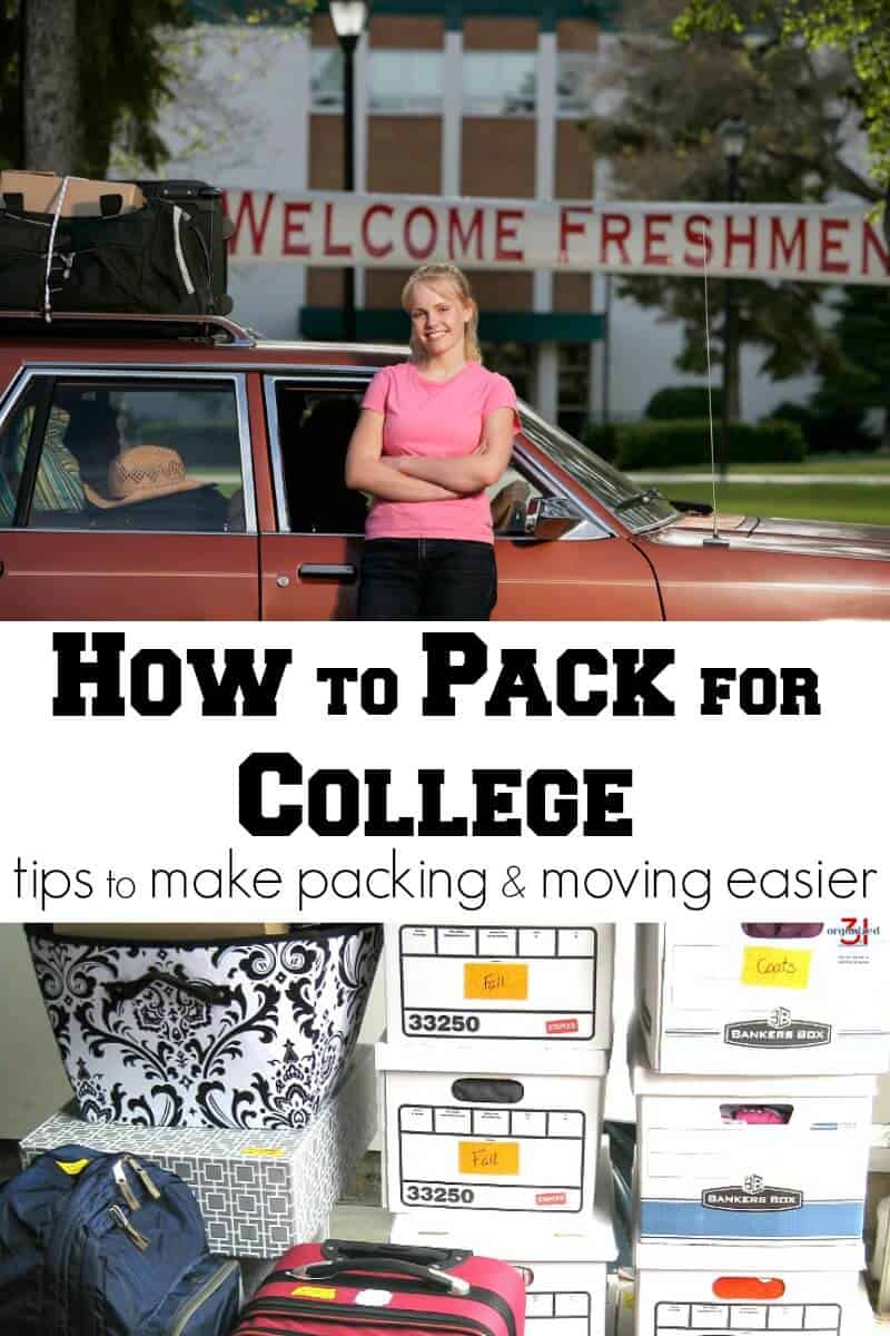 top image - young woman in front of building with "welcome freshmen" sign, bottom image - stacked boxes and suit bases with title text reading How to Pack for College tips to make packing & moving easier