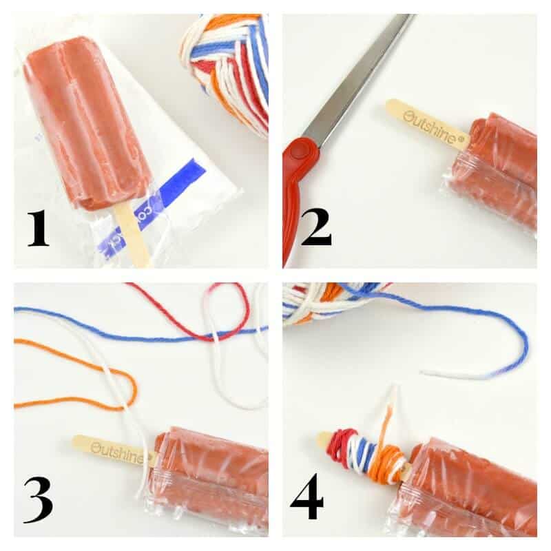 collage of 4 images of how to wrap yarn on popsicle wood stick