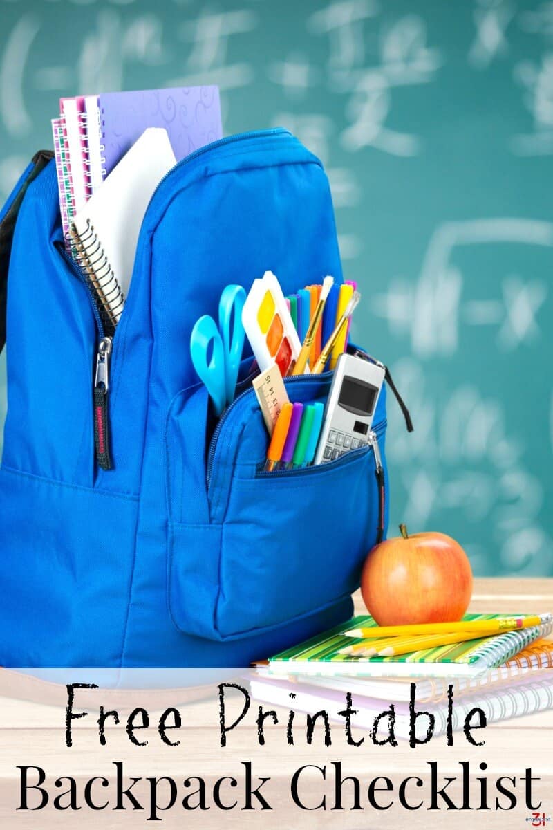 blue backpack filled with school supplies on desk in front of chalkboard with title text overlay reading Free Printable Backpack Checklist