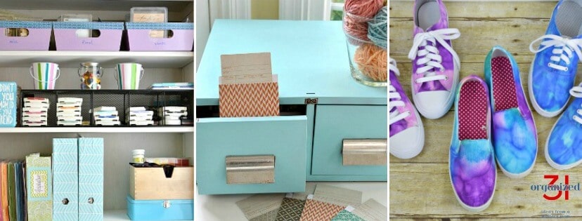 collage of three photos - organized craft shelves; blue file cabinet; tie-dyed sneakers.
