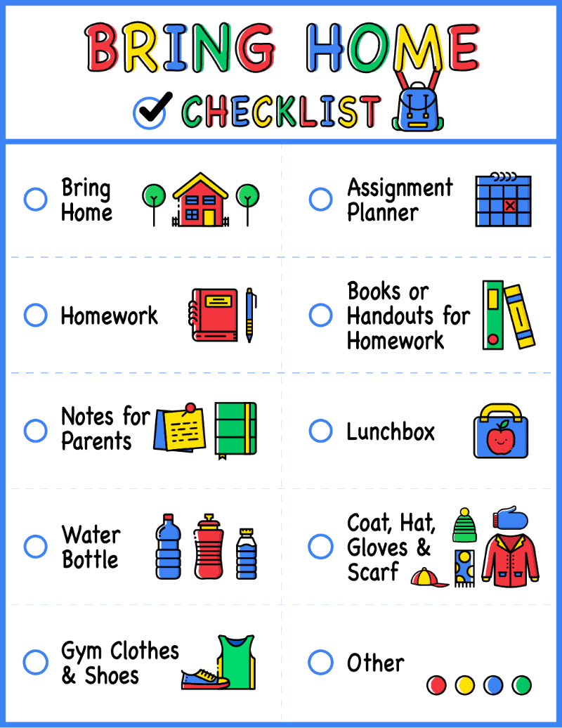 Image of the bring home checklist in primary colors with clip art images