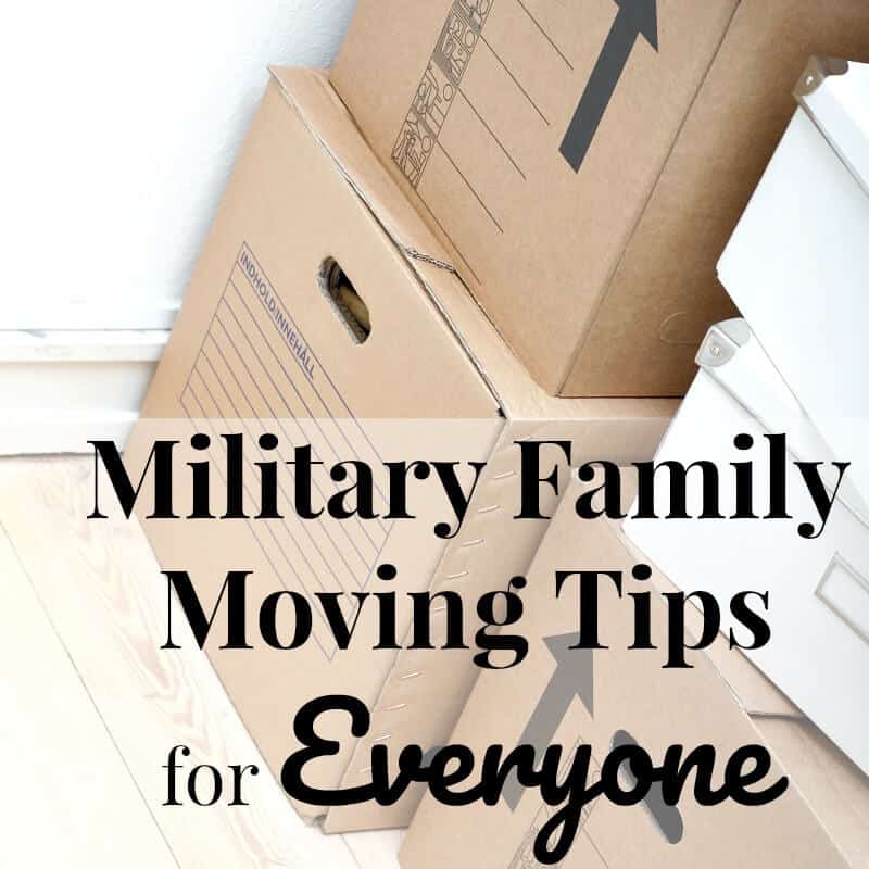 Stack of moving boxes with text "military family moving tips for everyone"