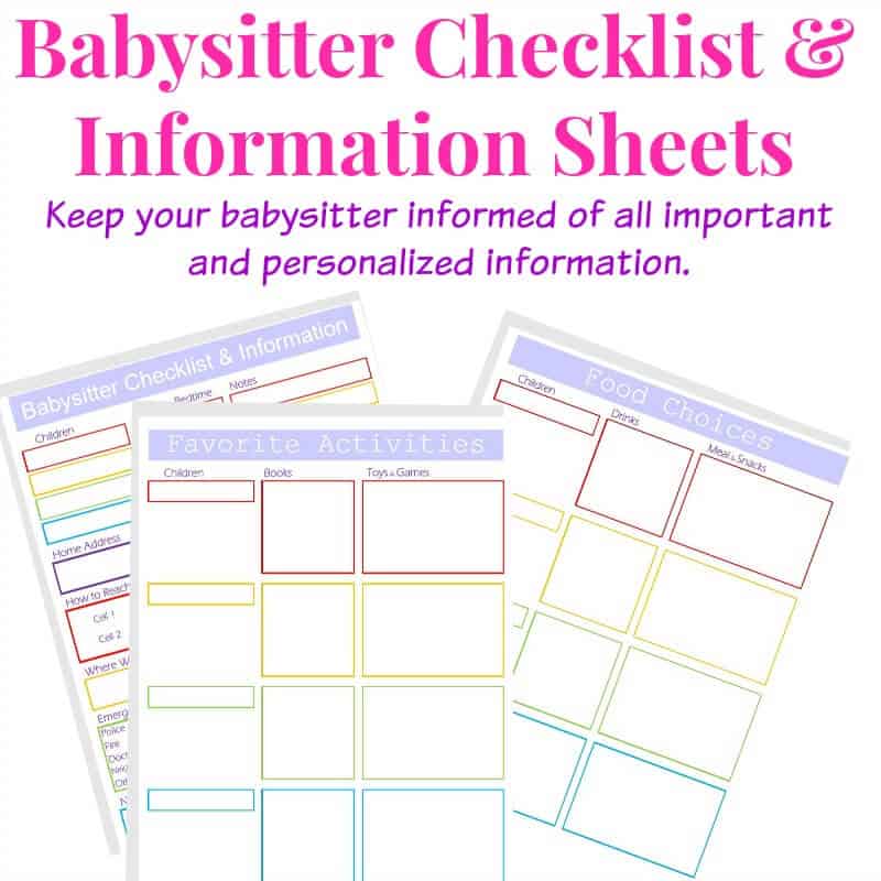images of 3 babysitter checklists in purple and rainbow colors