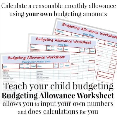images of 3 budgeting and allowance worksheets with text overlay