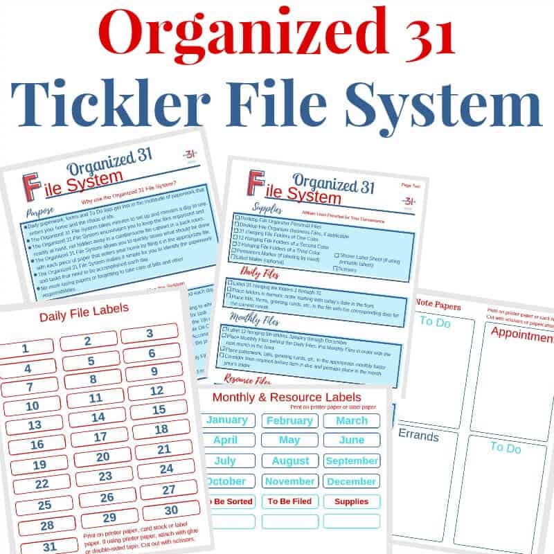images of 2 pages of file system directions, one page of numbered labels, one page of monthly labels and sheet of note pages labeld "to do", "appointments" , "errand" and "to do"