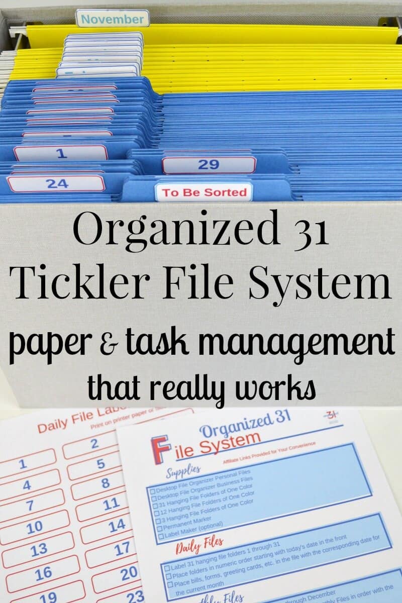 top image - neatly organized file folders, bottom image - file system directions and page of numbered labels for the folders with title text overlay reading Organized 31 Tickler File System paper & task management that really works