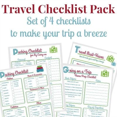 images of 4 green. blue and red checklists for travel preparation