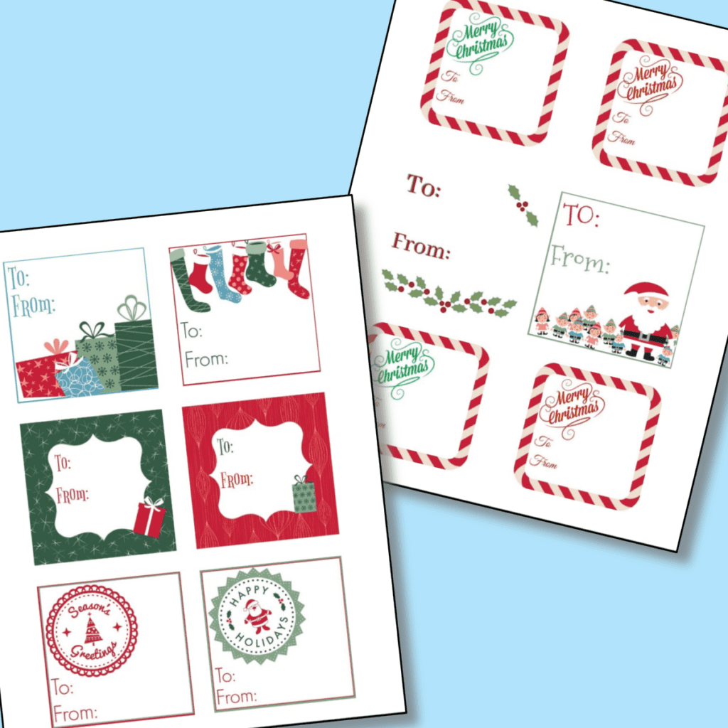 blue background with 2 sheets of red and green Christmas gift tags.