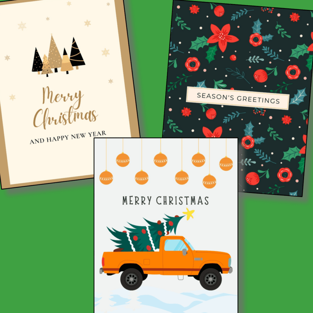 3 Christmas themed posters on green background.