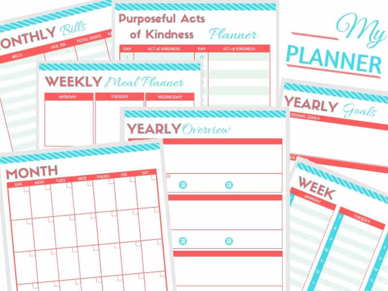 multiple pages of a free red and blue planner
