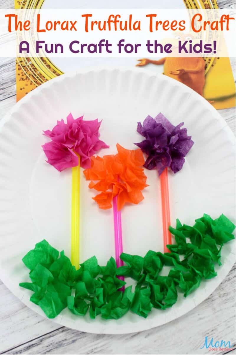 diy paper craft on white paper plate with title text overlay reading The Lorax Truffula Trees Craft A Fun Craft for the Kids