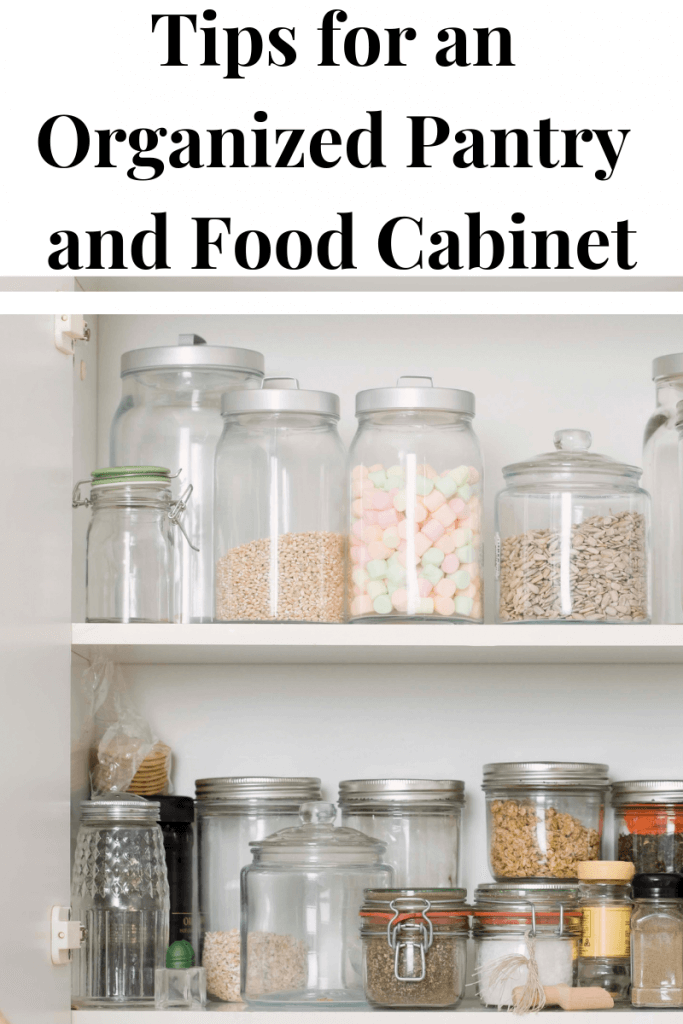 These tips for an organized pantry will reduce the stress in your day, save you time and money and encourage independence in your family. - glass jars in pantry with text