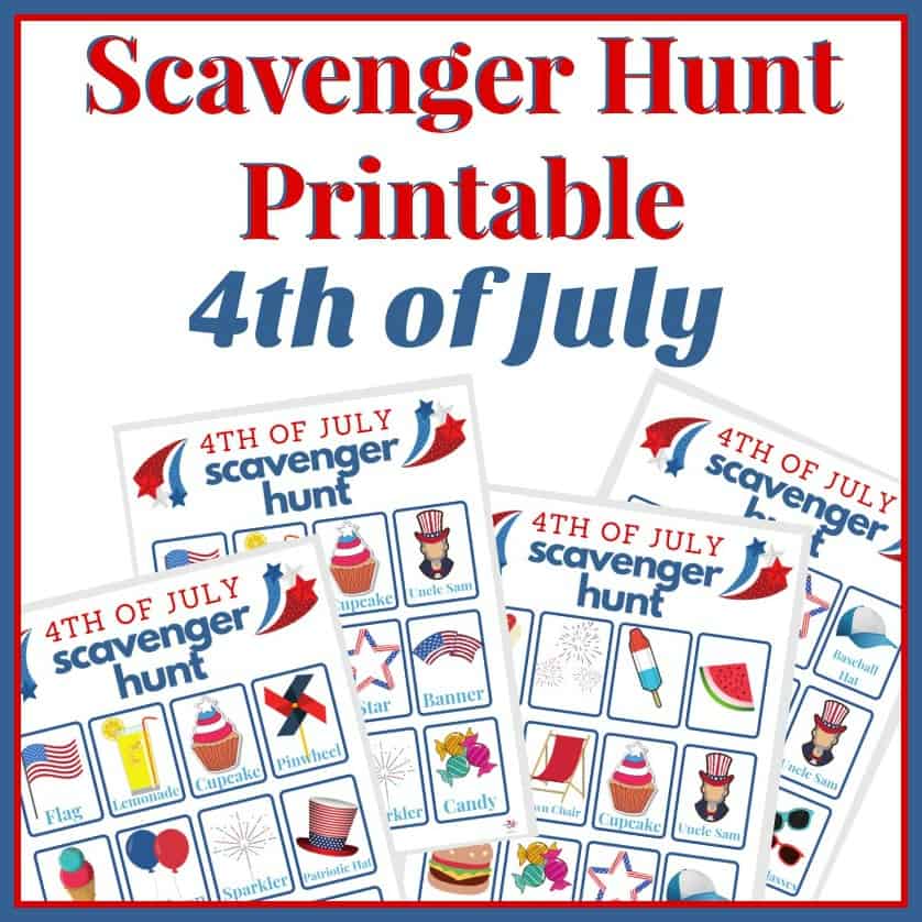 4 images of 4th of July scavenger hunt game boards.