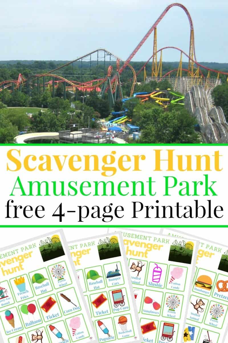 Collage of roller coaster and 4 images of scavenger hunt sheets with text overlay reading Scavenger Hunt Amusement Park free 4-page printable