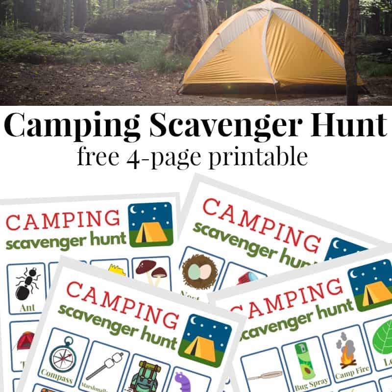 top image of yellow tent and lower images are 4 worksheets for scavenger hunt while camping