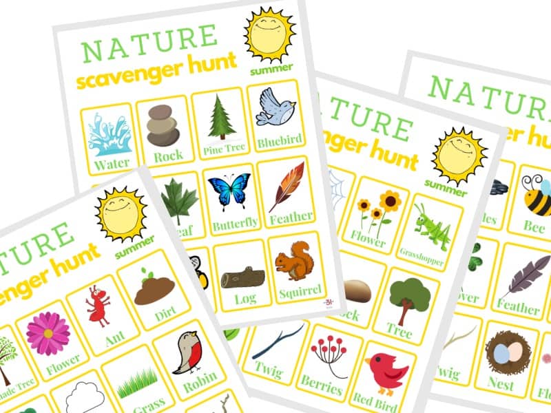 4 nature scavenger hunt game boards in bright yellow