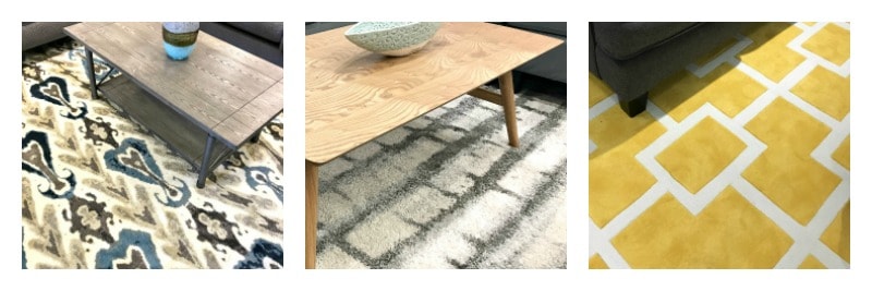 Collage of 3 modern style rugs, one yellow and white, one white with grey and one grey, white and blue