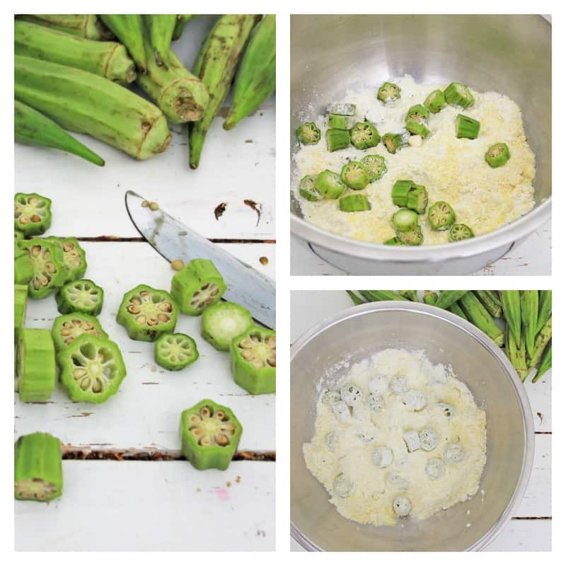 collage of steps to cut and create fried okra.