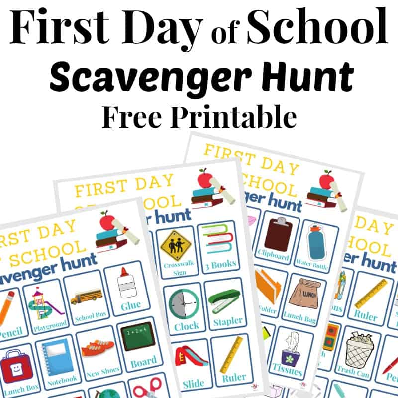 images of four different first day of school scavenger hunt game boards.