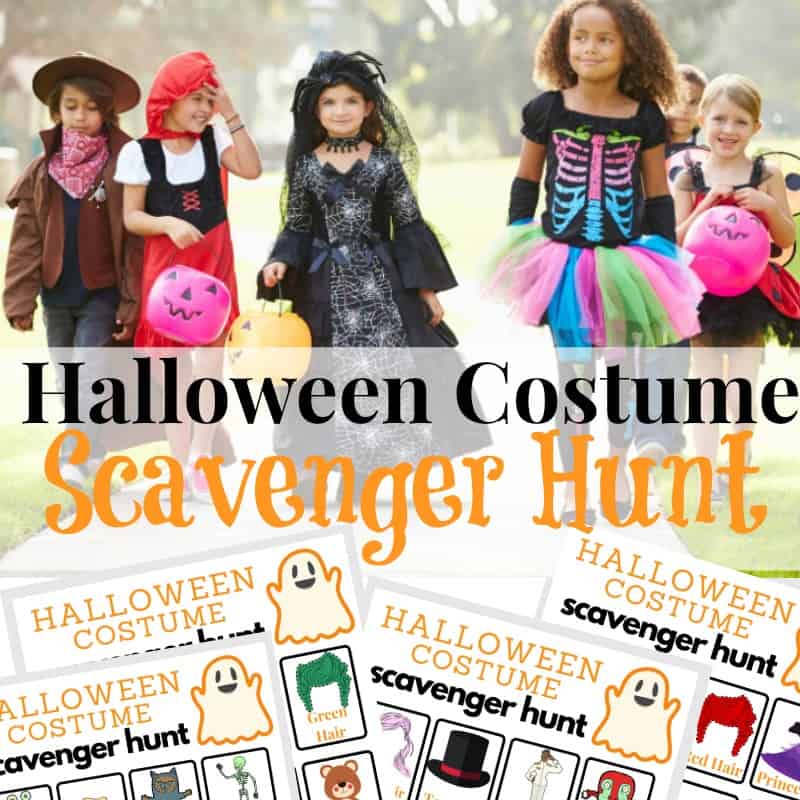 4 images of scavenger hunt sheets for Halloween and image of children in costumes