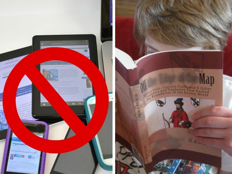 Image 1 - pile of cell phones and tablets with "no" circle , image 2 boy reading book