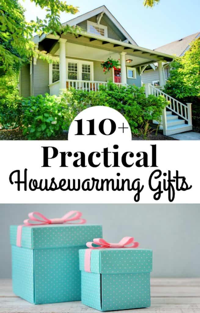 2 image collage - top image white traditional house with front porch, 2nd two blue gift boxes with pink bows