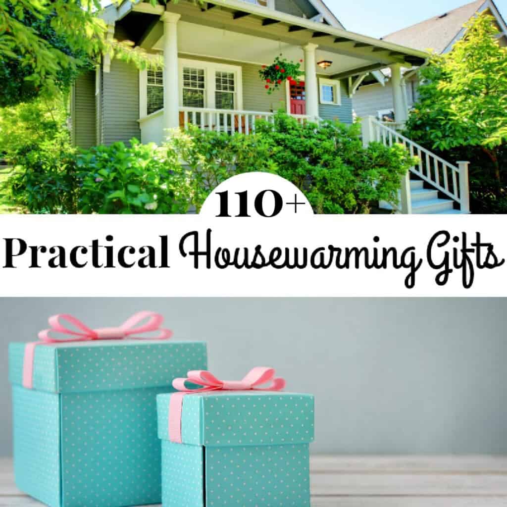 2 image collage - top image white traditional house with front porch, 2nd two blue gift boxes with pink bows