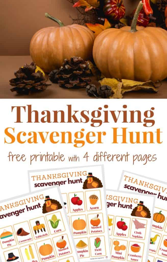 top image - pumpkins and grapes on table, bottom image - 4 scavenger hunt sheets.