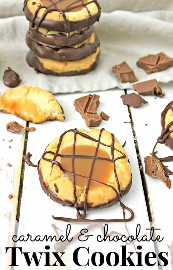 Twix cookies with chocolate drizzled and cookie crumbs with title text reading caramel & chocolate Twix Cookies.