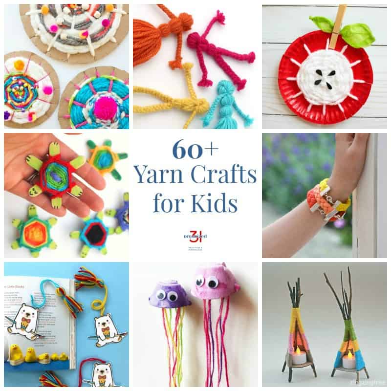 Collage of 8 yarn crafts kids can make with text overlay reading 60+ Yarn Crafts for Kids