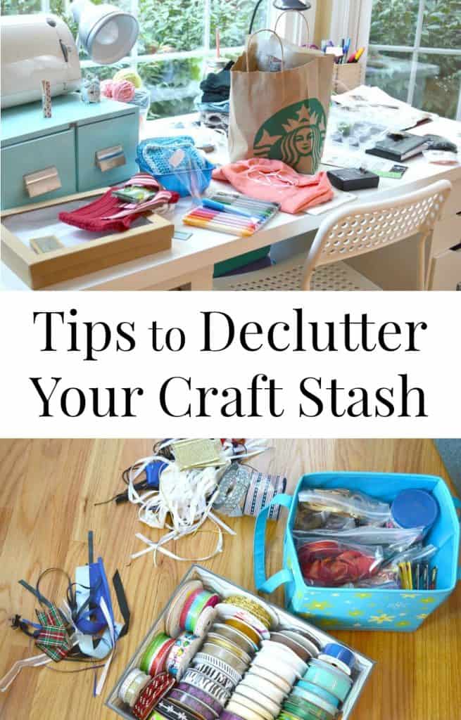 top image - craft supplies scattered on desk, bottom image - pile of craft items on floor