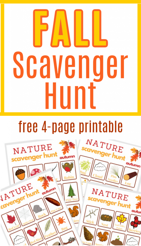 4 autumn colored scavenger hunt sheets with text overlay