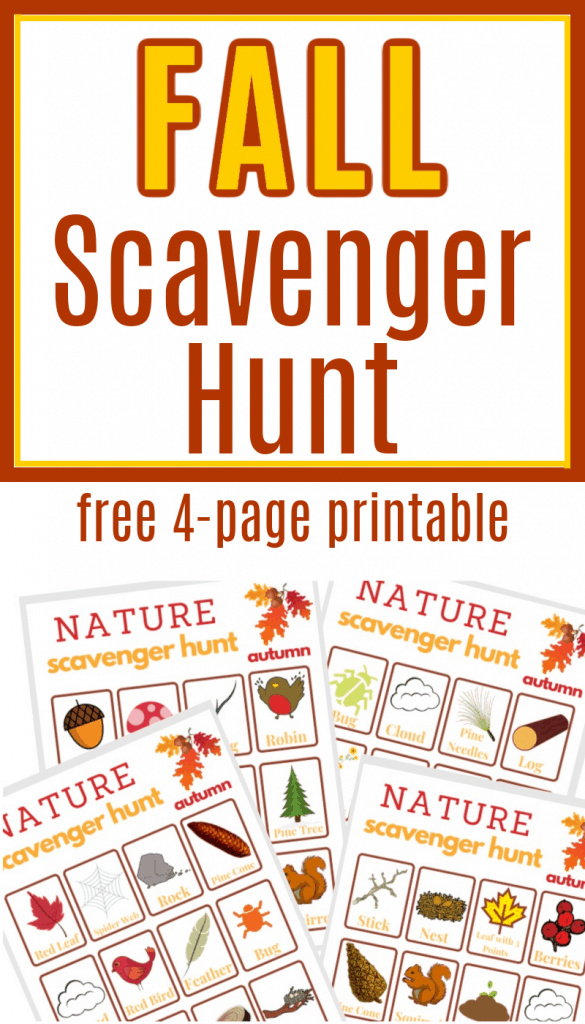 4 autumn colored fall scavenger hunt sheets with text overlay
