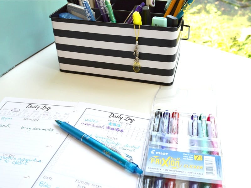 Daily spread pages with pens on desk and black and white desk organizers