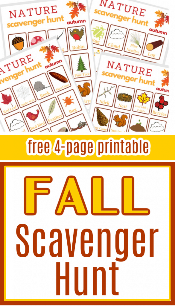 4 fall nature scavenger hunt sheets with text overlay