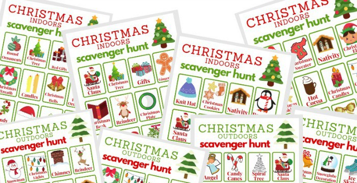 close up of 8 colorful Christmas scavenger hunt game sheets.