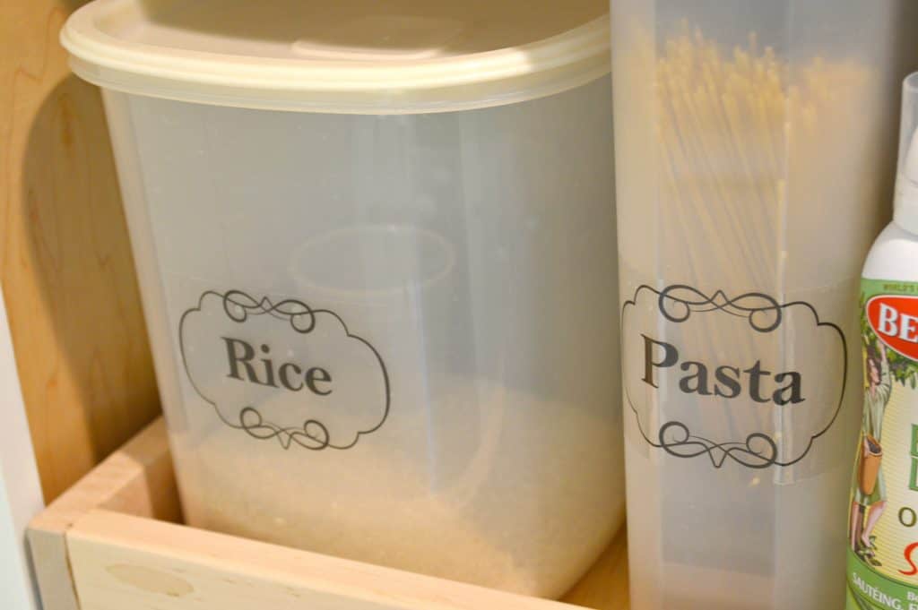 rice container and pasta container in pantry