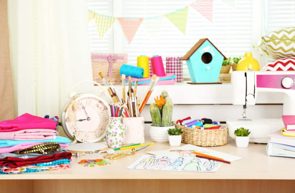 bright craft room with cluttered table in foreground and shelf with bright blue birdhouse in background.