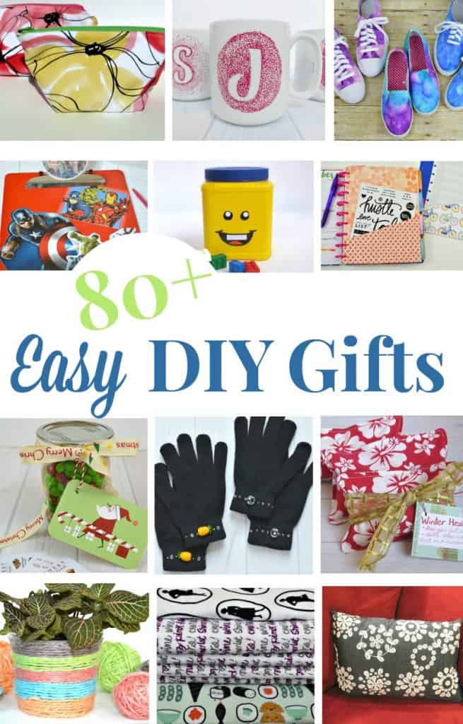 collage of 12 handmade gift ideas with text overlay reading 80+ Easy DIY Gifts