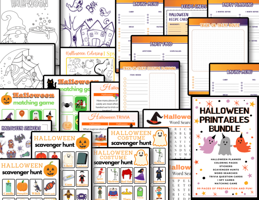 collage of colorful worksheets with featured cover page with 3 ghosts with party hats.
